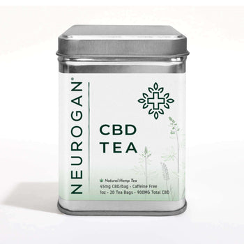 CBD Tea tin, natural hemp, 45mg CBD per bag, caffeine-free, with 20 bags totaling 900mg CBD.