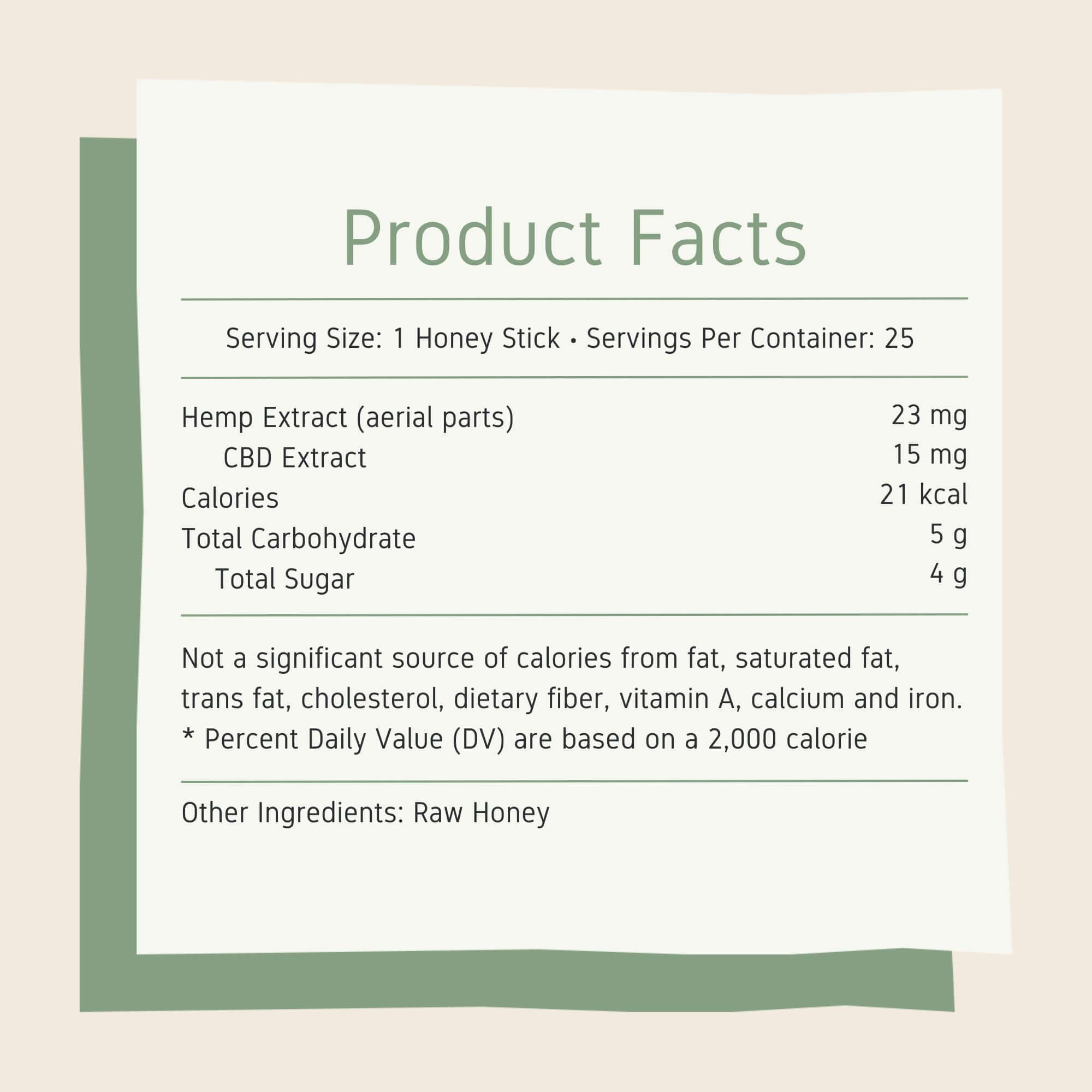 Product facts featuring serving size of 1 honey stick, 25 servings per container, and full list of ingredients