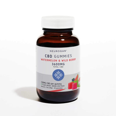 Bottle of THC-Free CBD Gummies, 3600mg total CBD, broad spectrum, wild berry and watermelon flavored