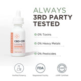 CBD+CBG oil bottle with third-party testing icons for toxins, heavy metals, and pesticides.