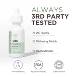 A bottle of THC-free CBD oil displayed with verified certifications for purity, potency, and safety.