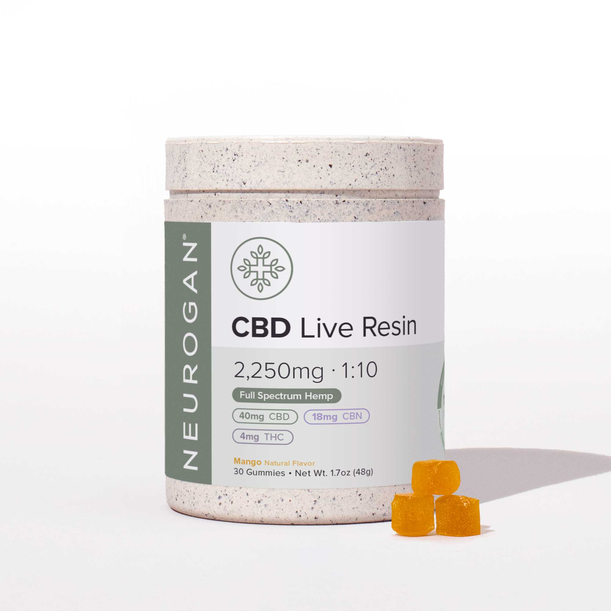 CBD Live Resin Gummies jar, 2250mg total, mango flavor, 30 gummies, yellow gummies on the side.