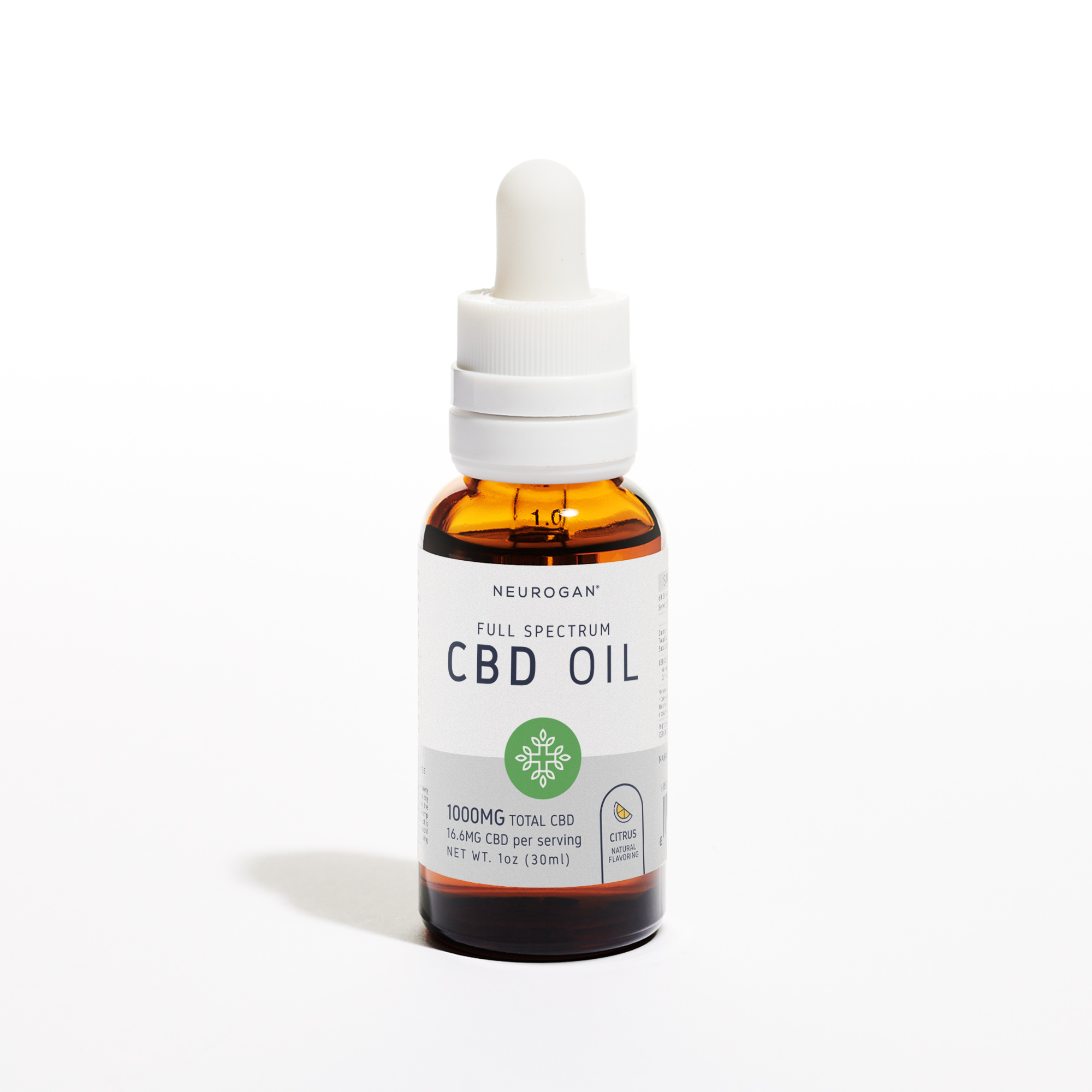 Neurogan CBD oil 1000mg, citrus in 1oz, amber colored glass bottle and white rubber dropper top