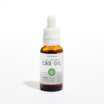 Neurogan CBD oil 1000mg, citrus in 1oz, amber colored glass bottle and white rubber dropper top