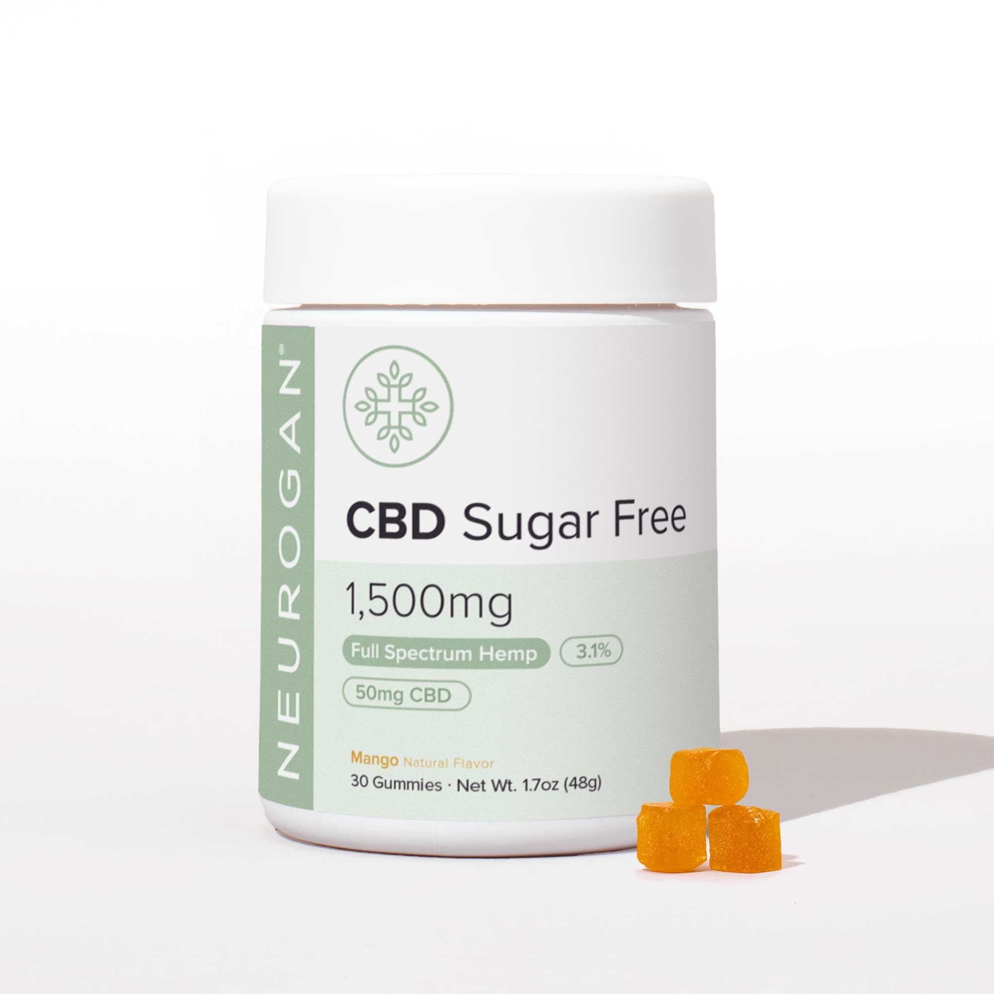 CBD Sugar-Free Gummies, Mango Flavor, 1500mg, 30ct jar, 50mg CBD per gummy, product display on a white background.