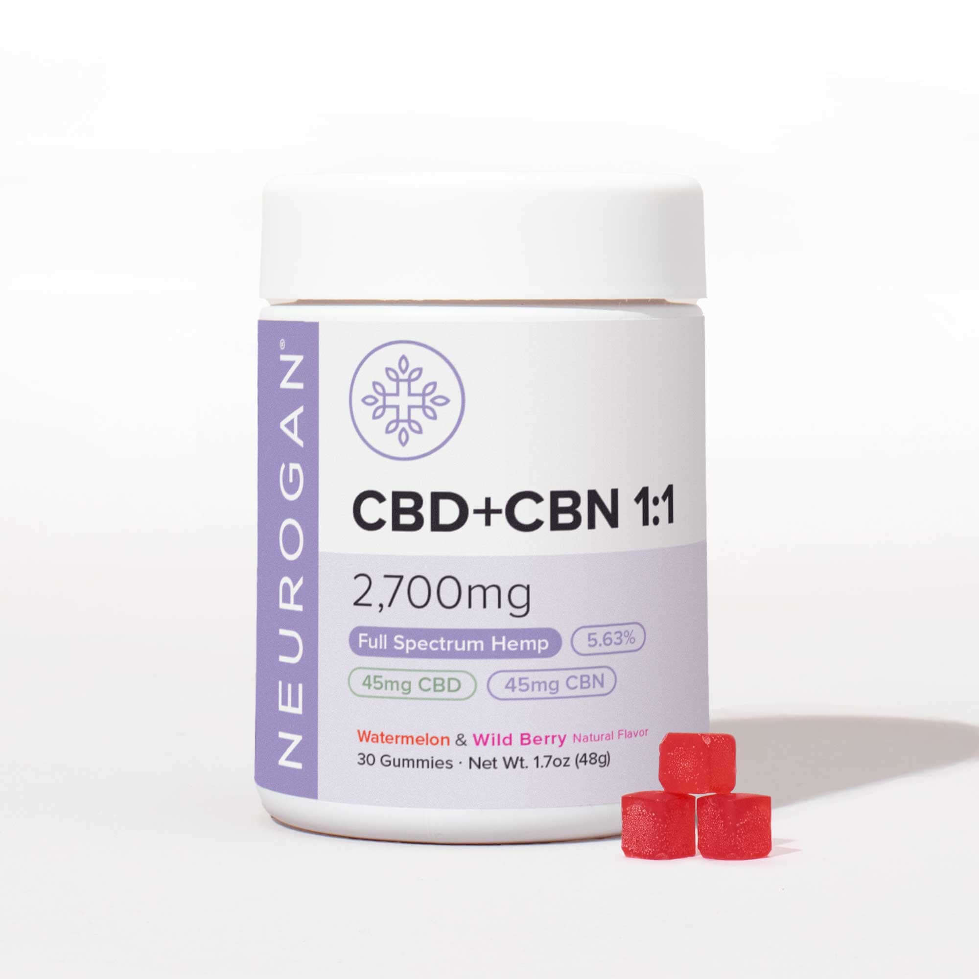 Neurogan Full Spectrum CBD + CBN Gummies for sleep in white bottle, beside are 3 red gummies