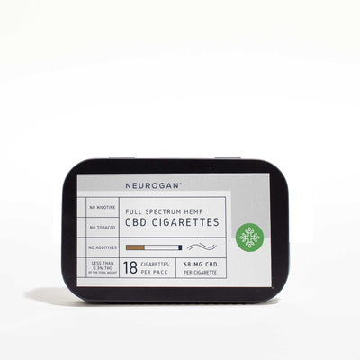 CBD cigarettes in black metal pack with white label