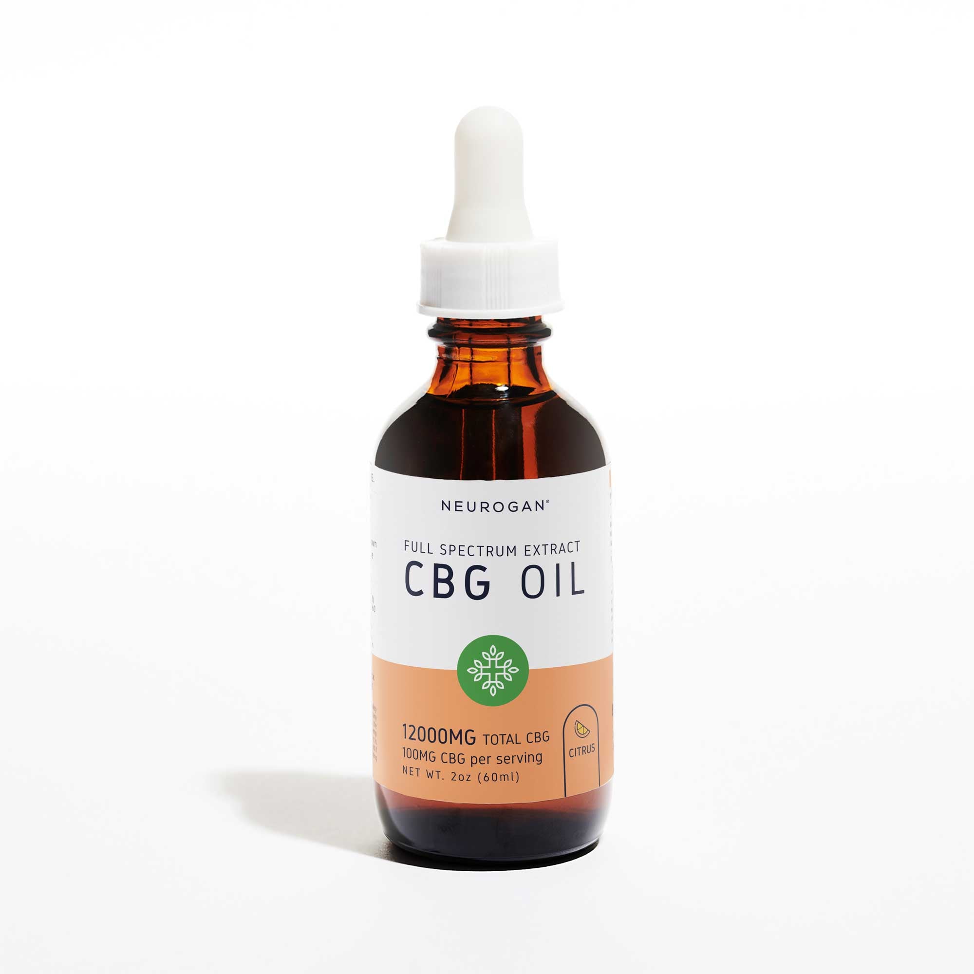 Neurogan full spectrum CBG oil 12000mg in a brown glass bottle and white rubber dropper top