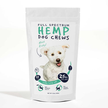 White pack of CBD hemp dog chews 30 chews/600mg CBD featuring a label with an illustration of a white dog named Ricky.