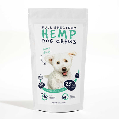 White pack of CBD hemp dog chews 60 chews/600mg CBD featuring a label with an illustration of a white dog named Ricky.