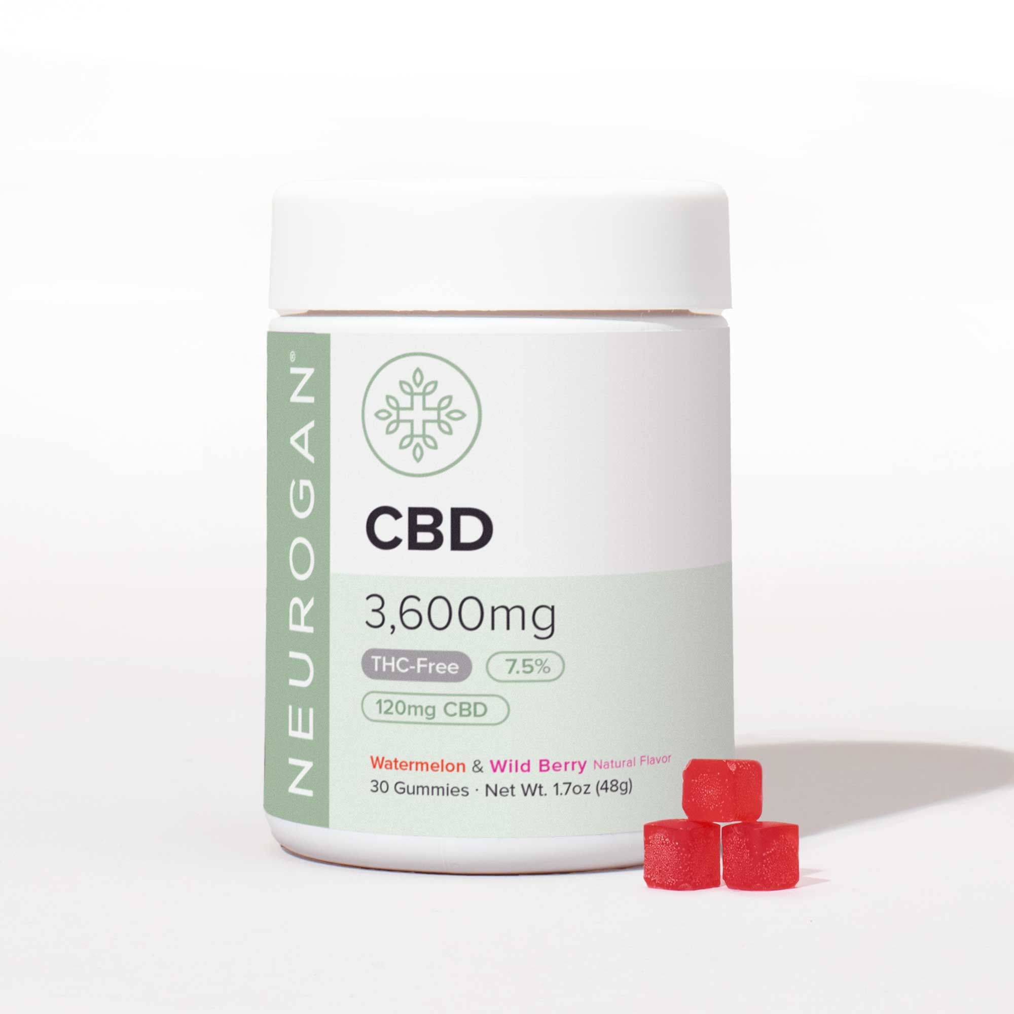 Bottle of Neurogan THC-free CBD gummies, 3600mg, 30 count, in watermelon and wild berry flavors, next to three red gummies.