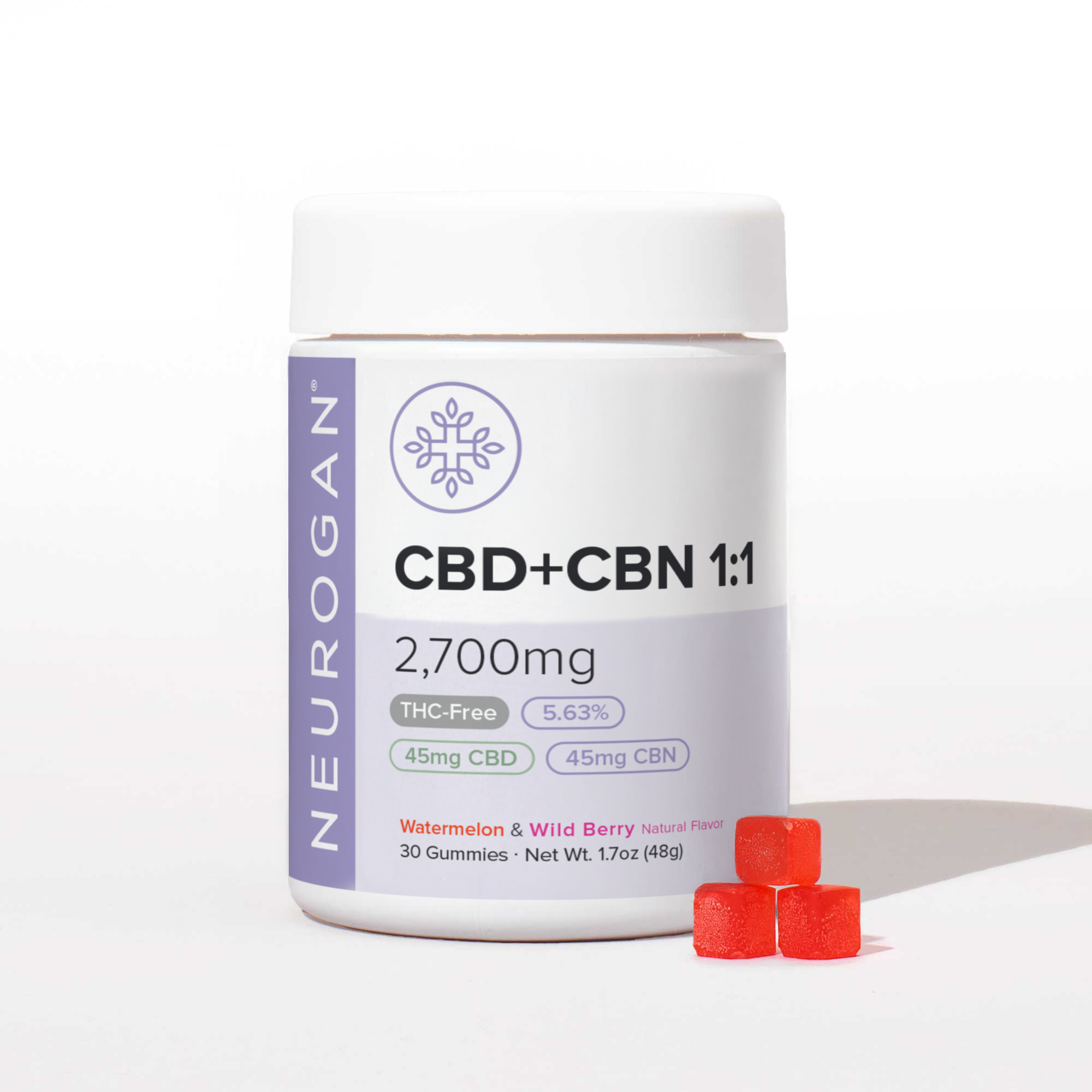 THC-free CBN vegan gummies, 2700mg total CBD CBN per bottle, broad spectrum extract, total of 30 gummies