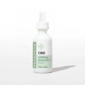 Neurogan CBD spray bottle, 3000mg, 25mg per serving, white nozzle and label, 2oz.