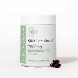 White bottle, extra strength CBD softgels 7500mg, 60 softgels, white cap