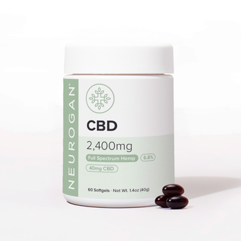 Neurogan Full Spectrum CBD Softgels in white bottle and white lid