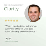 Verified customer review highlighting CBD+CBG oil benefits for clarity, paired with a verified five-star rating
