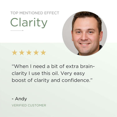 Verified customer review highlighting CBD+CBG oil benefits for clarity, paired with a verified five-star rating