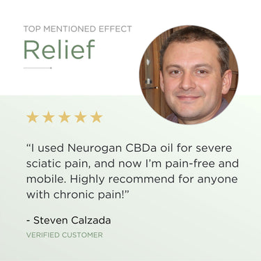 Customer Steven shares a 5-star review, praising CBDA Oil for pain relief and mobility improvement.