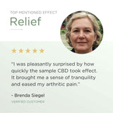 Customer testimonial with a photo of customer sharing her relief experience with the free CBD oil sample for tranquility and joint comfort.