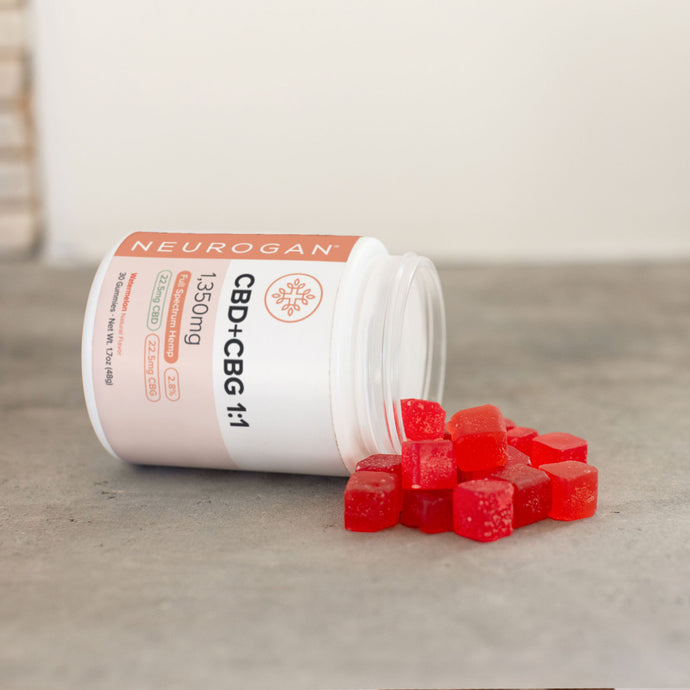 Full Spectrum CBD + CBG Balance Gummies in brown jar with white lid and red gummy squares