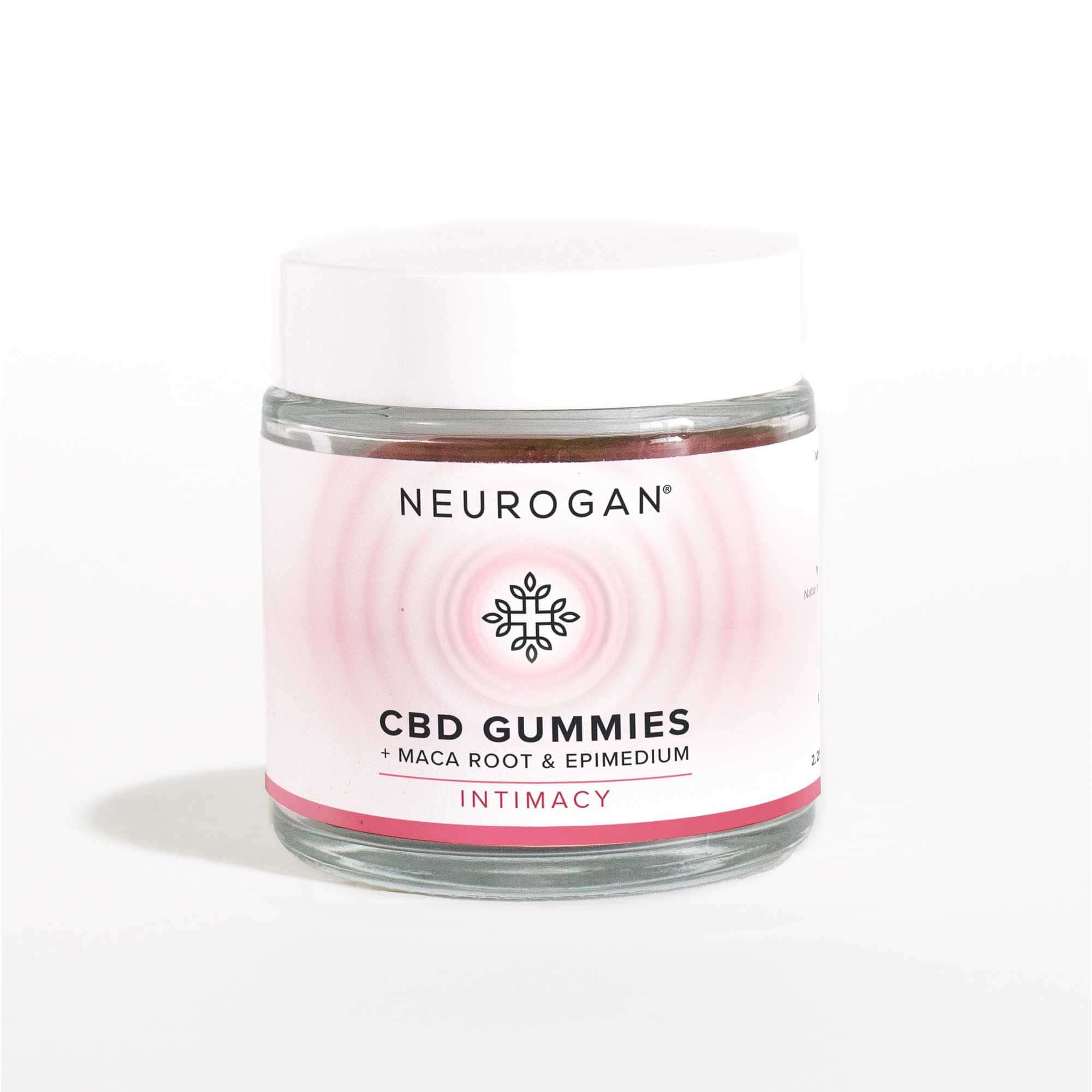 A jar pack of CBD Gummies for sex, transparent packaging with pink label and white top lid