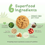 CBD treat infused with 6 superfood ingredients, cannabidiol, oat flour, almond butter, coconut oil, apple sauce, hemp oil