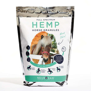 Neurogan Full Spectrum CBD Pellets for Horses in a silver bag with a photo of a horse on label
