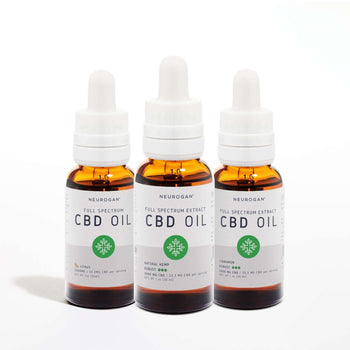 Three bottles of CBD Oil sample pack, 1oz 500mg each, Citrus, natural hemp, and cinnamon flavor