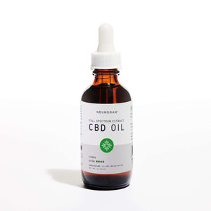Neurogan CBD oil 5000mg, citrus in 2oz, amber colored glass bottle and white rubber dropper top