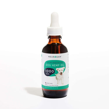 CBD Dog Oil 1000mg, bacon flavor in 2oz brown glass bottle with white rubber dropper top