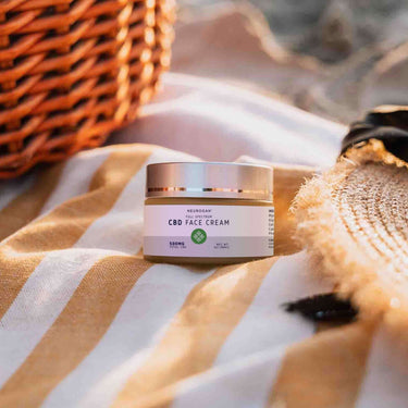 Neurogan CBD face cream on beach towel beside a summer hat and a wooden basket