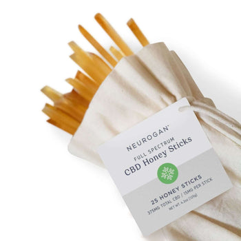 25 pieces of Neurogan Full Spectrum CBD Honey Sticks in a white pouch