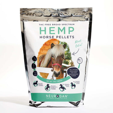 Neurogan Broad Spectrum CBD Pellets for Horses in a silver bag with a photo of a horse on label