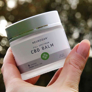 A hand-held CBD Balm 4000mg on a woody nature scenery
