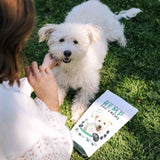 Woman feeding her white dog laying on the grass a CBD Dog treat