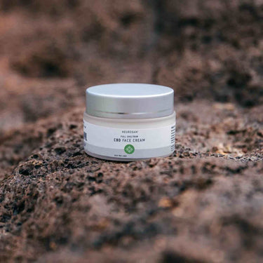 CBD face cream jar on a brown colored rocky surface