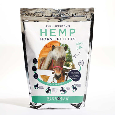 Full Spectrum CBD Pellets for Horses in a silver bag with a photo of a horse on label