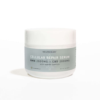 Neurogan CBD + NMN Cellular repair serum in white jar and white lid