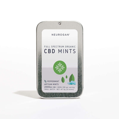 Full Spectrum organic CBD Mints 2000mg, Peppermint flavor, in a tin silver can